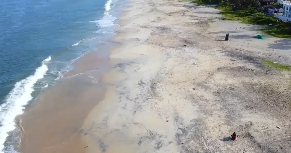 Aerial view of Kerala's beach and houses, showcasing the warm, inviting atmosphere of Indian coastal living.