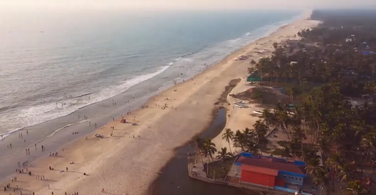 Aerial view of Colva Beach stretching into the distance, with gentle ocean waves on the left and scattered people walking along the shore. Palm trees dot the shoreline, and colorful buildings are visible near the beach on the lower right. Truly, why is life better at the beach?