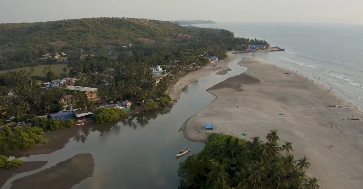 Aerial view of a coastal landscape with a winding river meeting the ocean. The scene features lush greenery, scattered houses, and Mandrem Beach bordered by palm trees. The horizon shows a hazy sky over the calm sea. A small boat is moored near the riverbank.