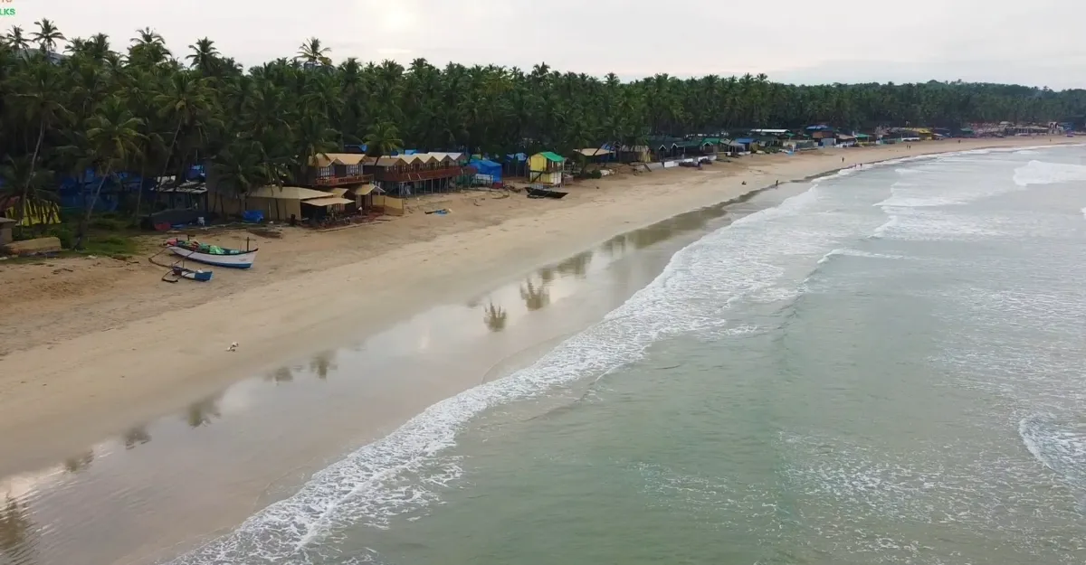 Panoramic view of Palolem Beach in Goa, India, featuring a gently curving shoreline with soft, light-colored sand meeting the calm, clear waters of the Arabian Sea. The beach is lined with lush coconut palm trees and colorful shacks, with a few boats near the shore. The sky is overcast, adding to the tranquil atmosphere.