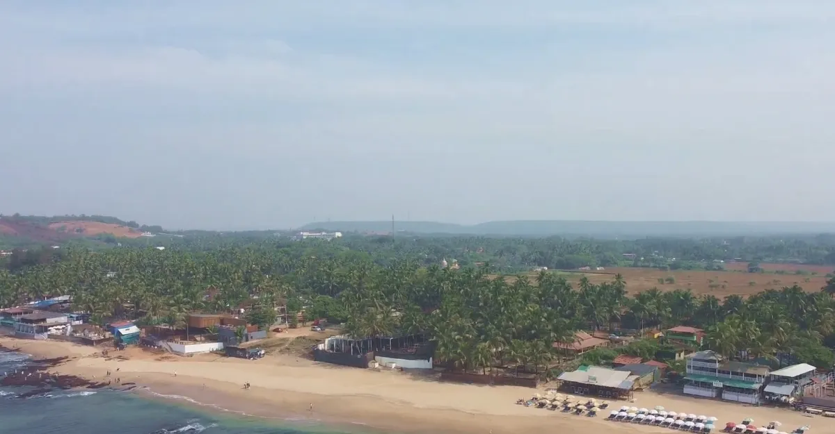 Aerial view of Anjuna Beach in Goa, showcasing its natural beauty and environment with a sprawling coastline, lush palm groves, and clear blue waters, exemplifying why Goa beaches are famous for their natural beauty and environment.