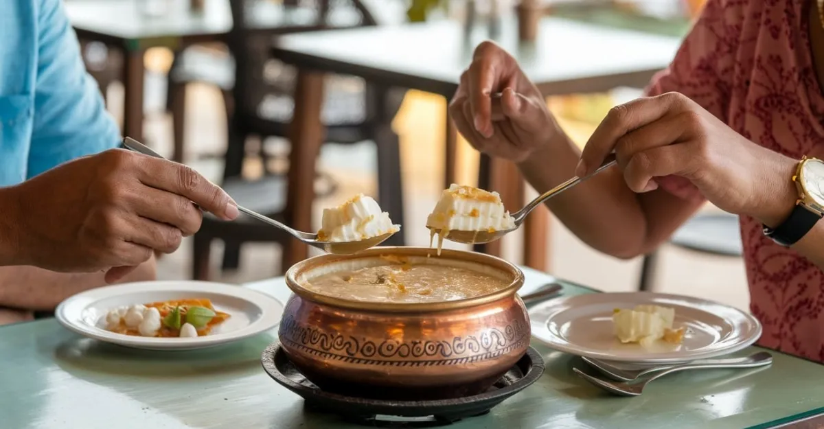 Traditional Goan Bebinca dessert served in a copper pot with slices on white plates.