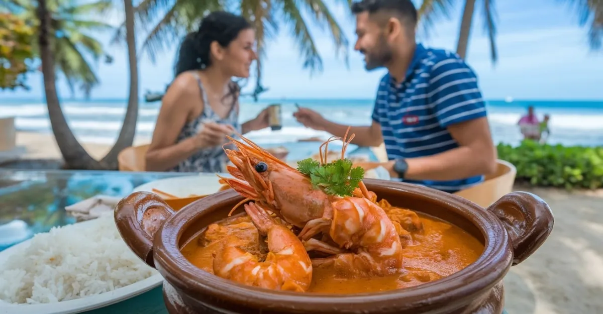 Goan prawn curry served in a traditional clay pot with white rice on the side, set on a table with a beach view in the background.