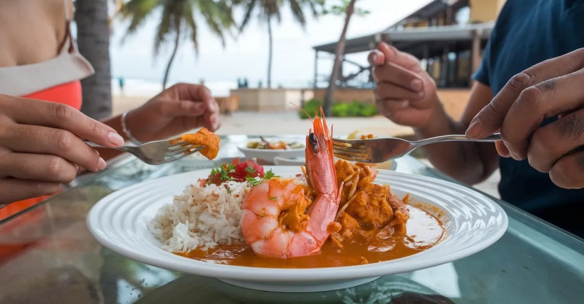 Goan prawn curry served in a traditional clay pot with white rice on the side, set on a table with a beach view in the background.