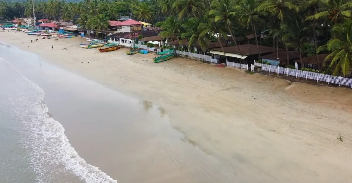 Aerial view of Palolem Beach in Goa, showcasing a wide expanse of sandy beach with gentle waves lapping at the shore. A line of lush palm trees borders the beach, behind which a variety of colorful boats and structures are visible, indicating a vibrant coastal community.