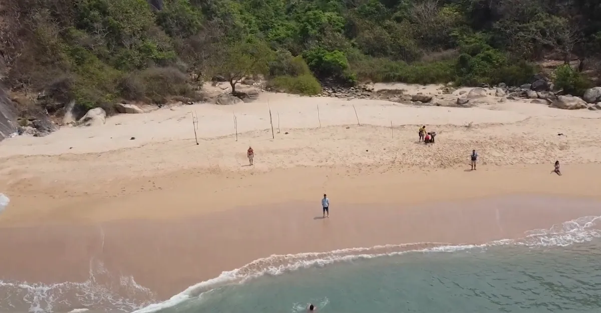 Aerial view of Butterfly Beach Goa with golden sand, surrounded by lush greenery and calm waters, ideal for a serene and secluded beach experience.