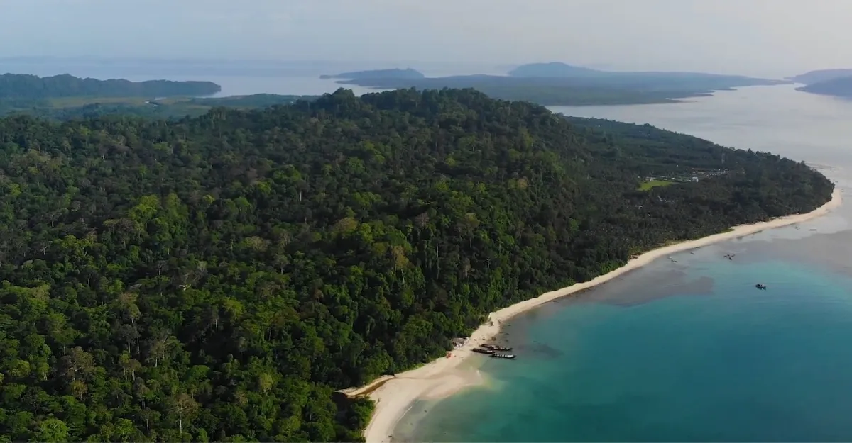 A stunning aerial view of Havelock Island's coastline, showcasing a pristine white-sand beach bordered by dense tropical forest. The clear blue waters gently meet the shore, with small boats anchored nearby, surrounded by a peaceful, lush landscape extending toward the horizon.